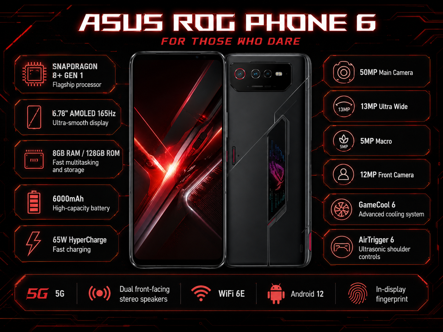 Black ASUS ROG Phone 6 gaming smartphone with front screen and rear camera