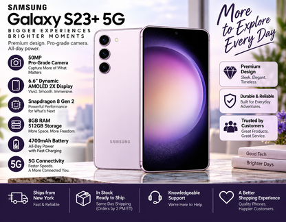 Lavender Galaxy S23+ 5G smartphone shown from front and back, triple cameras
