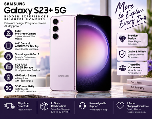 Lavender Galaxy S23+ 5G smartphone shown from front and back, triple cameras