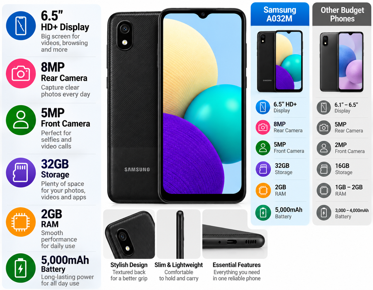 Black Samsung Galaxy A03 Core smartphone front and rear with side profile
