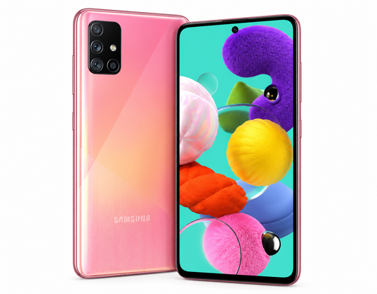 Prism Crush Pink Samsung Galaxy A51 smartphone with back panel and front display