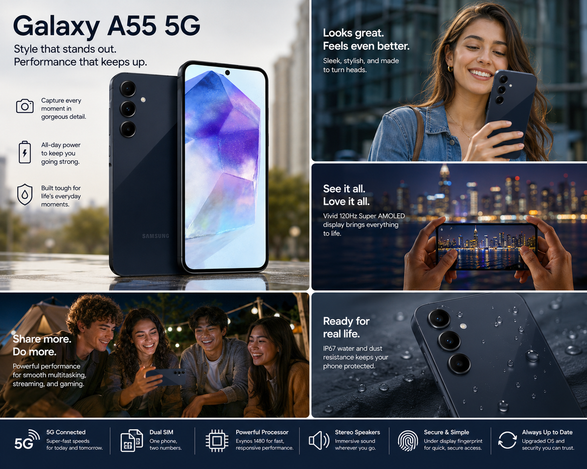 Samsung Galaxy A55 5G Samsung smartphone held by woman with blue-purple display in city night setting