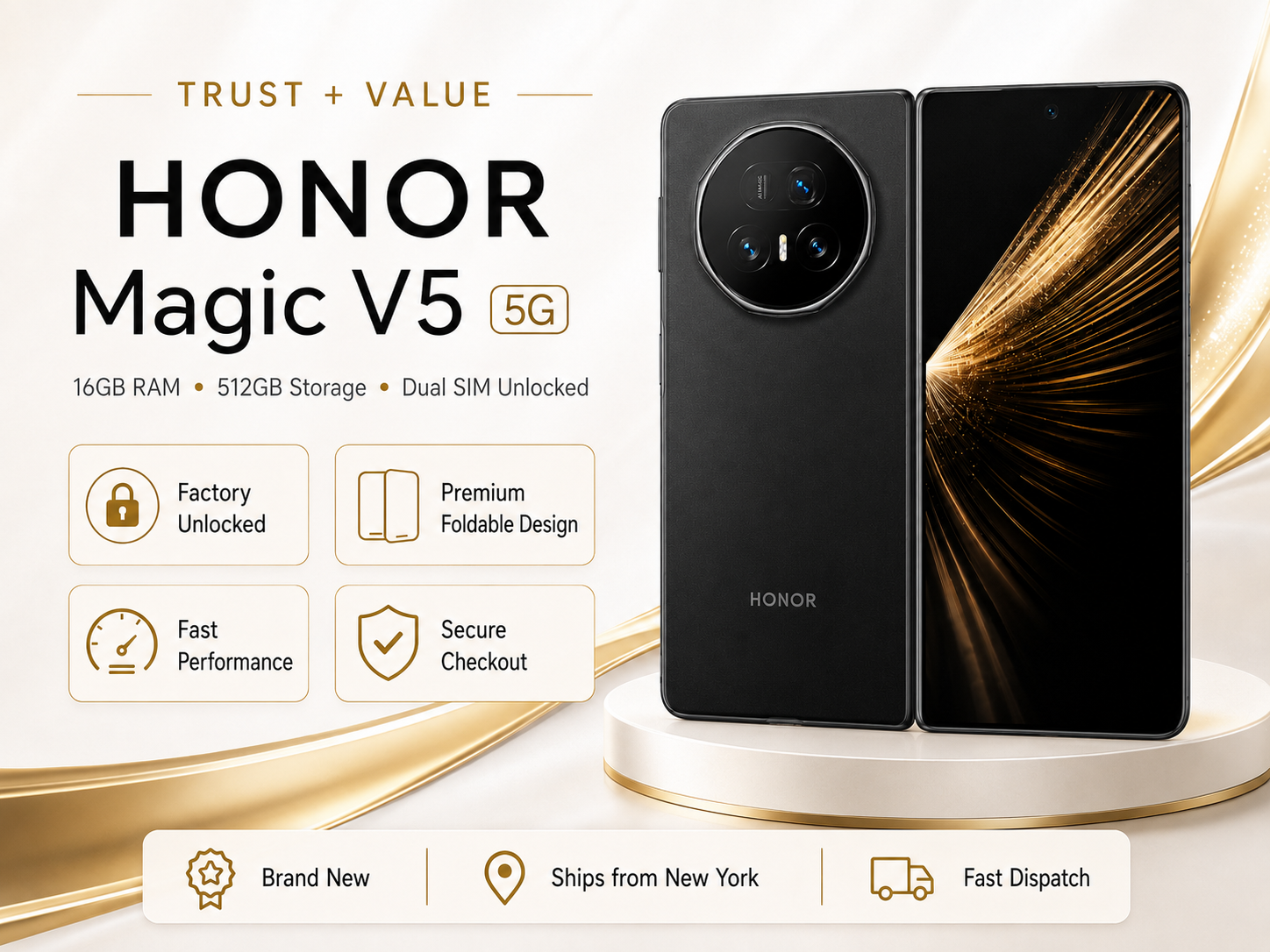 Honor Magic V5  Black foldable smartphone with back camera module and front screen on a stand