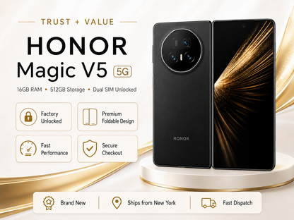 Honor Magic V5  Black foldable smartphone with back camera module and front screen on a stand