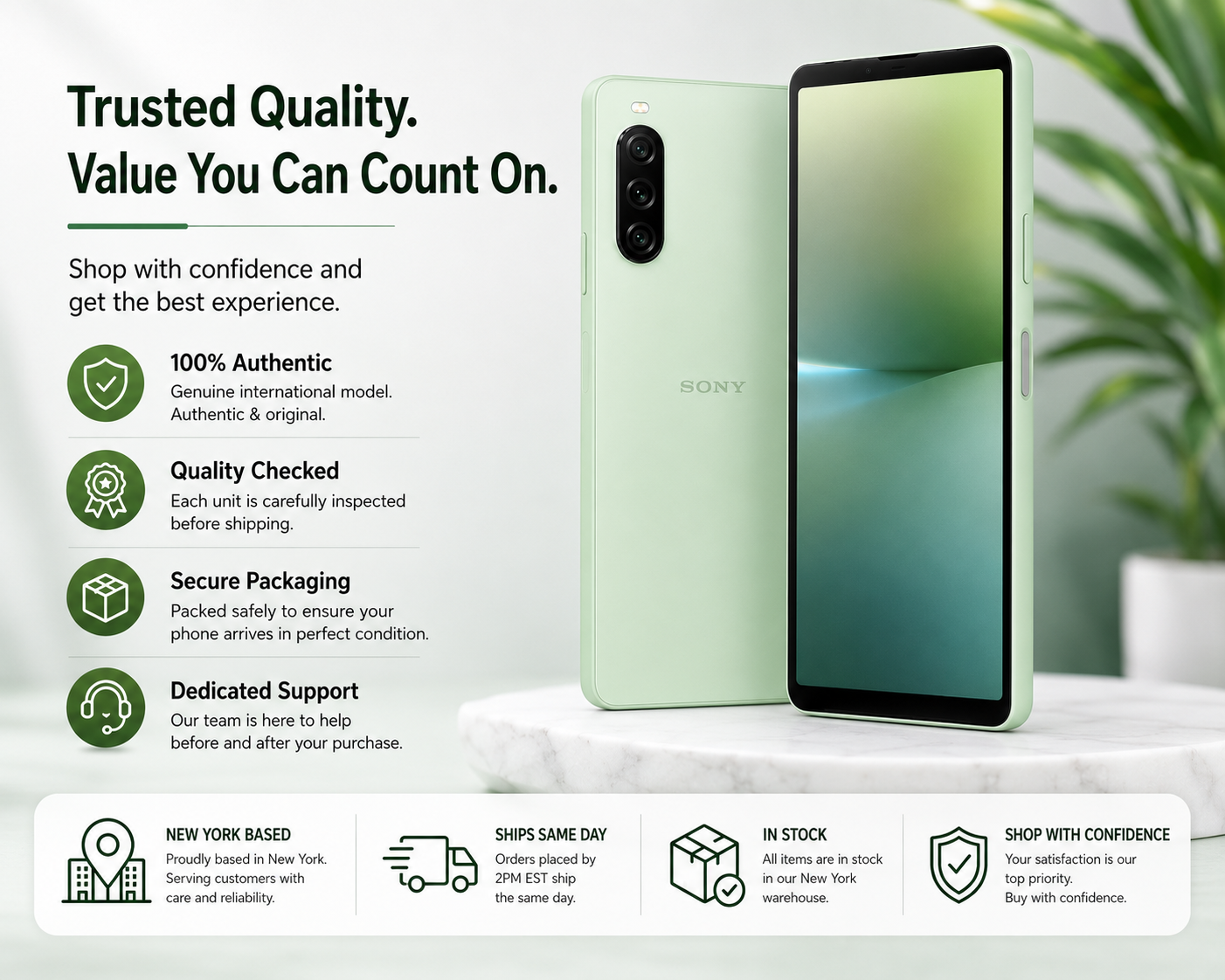 Green Sony Xperia 10 V smartphone standing upright on a table