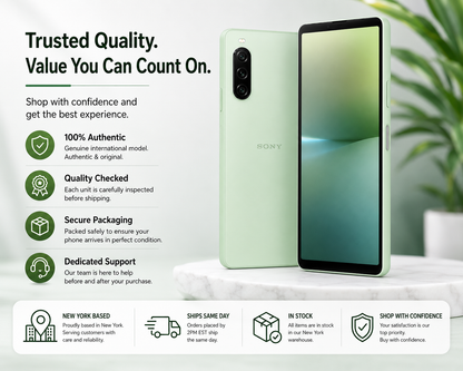 Green Sony Xperia 10 V smartphone standing upright on a table