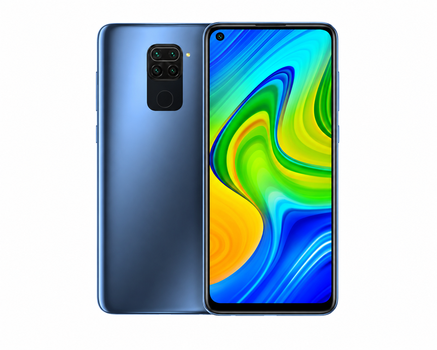Xiaomi Redmi Note 9 smartphone in midnight grey, front and back with colorful display