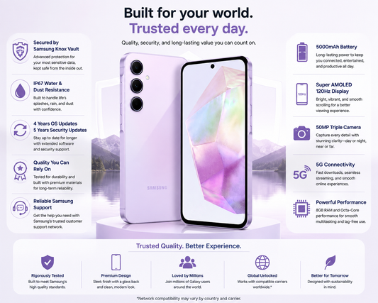 Samsung Galaxy A35 5G Lilac smartphone with triple rear cameras and bright screen on display stand