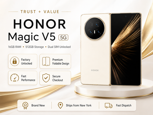 Honor Magic V5  White foldable smartphone with dual displays and triple rear camera, shown upright on stand
