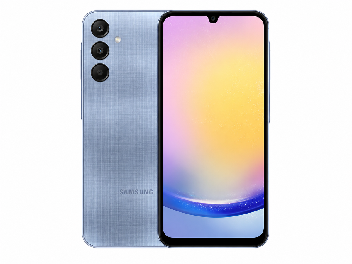 Blue Samsung Galaxy A25 5G smartphone showing back and front side