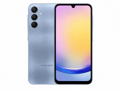 Blue Samsung Galaxy A25 5G smartphone showing back and front side