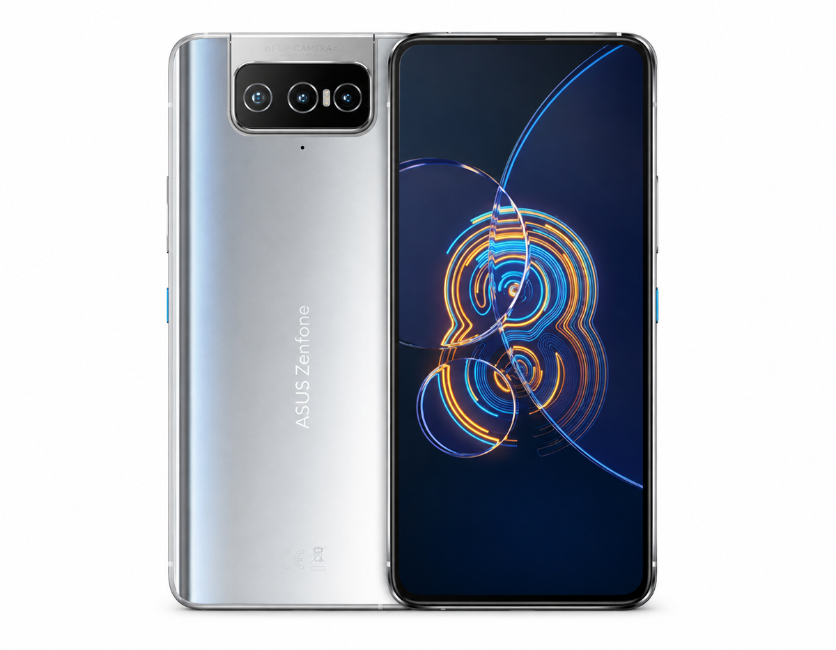ASUS Zenfone 8 Flip phone in silver, front dark screen with blue circular design