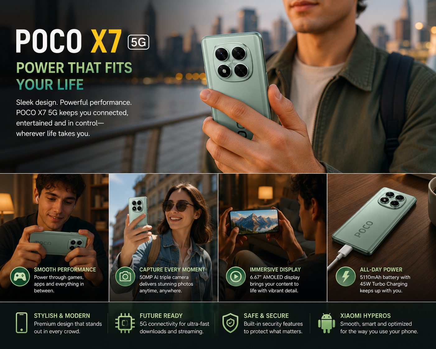 Xiaomi Poco X7 5G Green smartphone held in hand with triple-lens camera and bezel-less front display