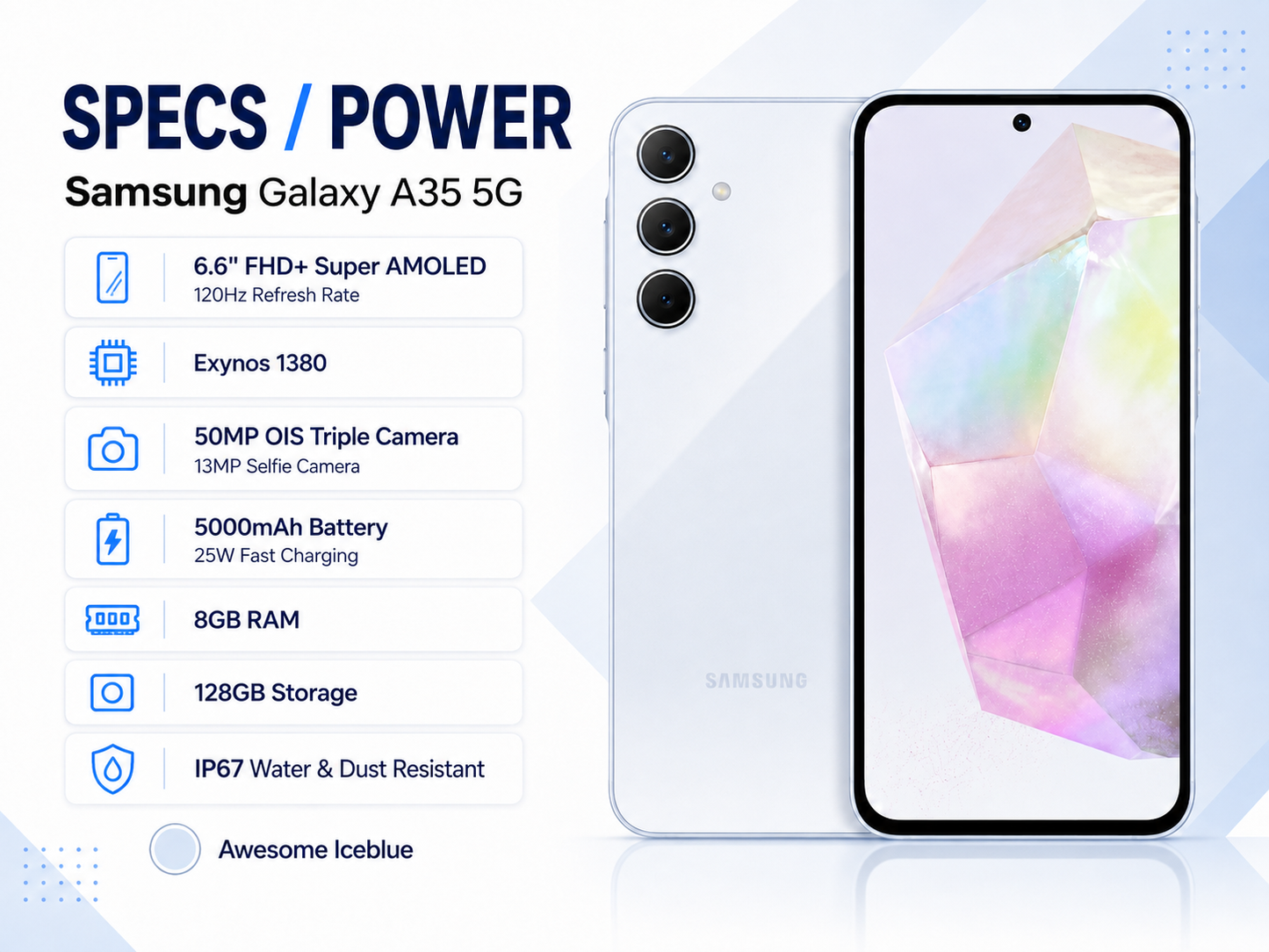 Samsung Galaxy A35 5G smartphone front view with ice blue case and triple camera array