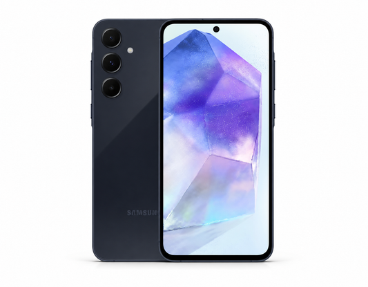 Samsung Galaxy A55 5G smartphone in Awesome Navy, front and back view with triple camera array