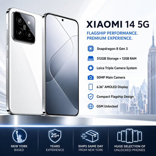 Xiaomi 14 5G White Xiaomi smartphone with dual cameras and blue AMOLED display