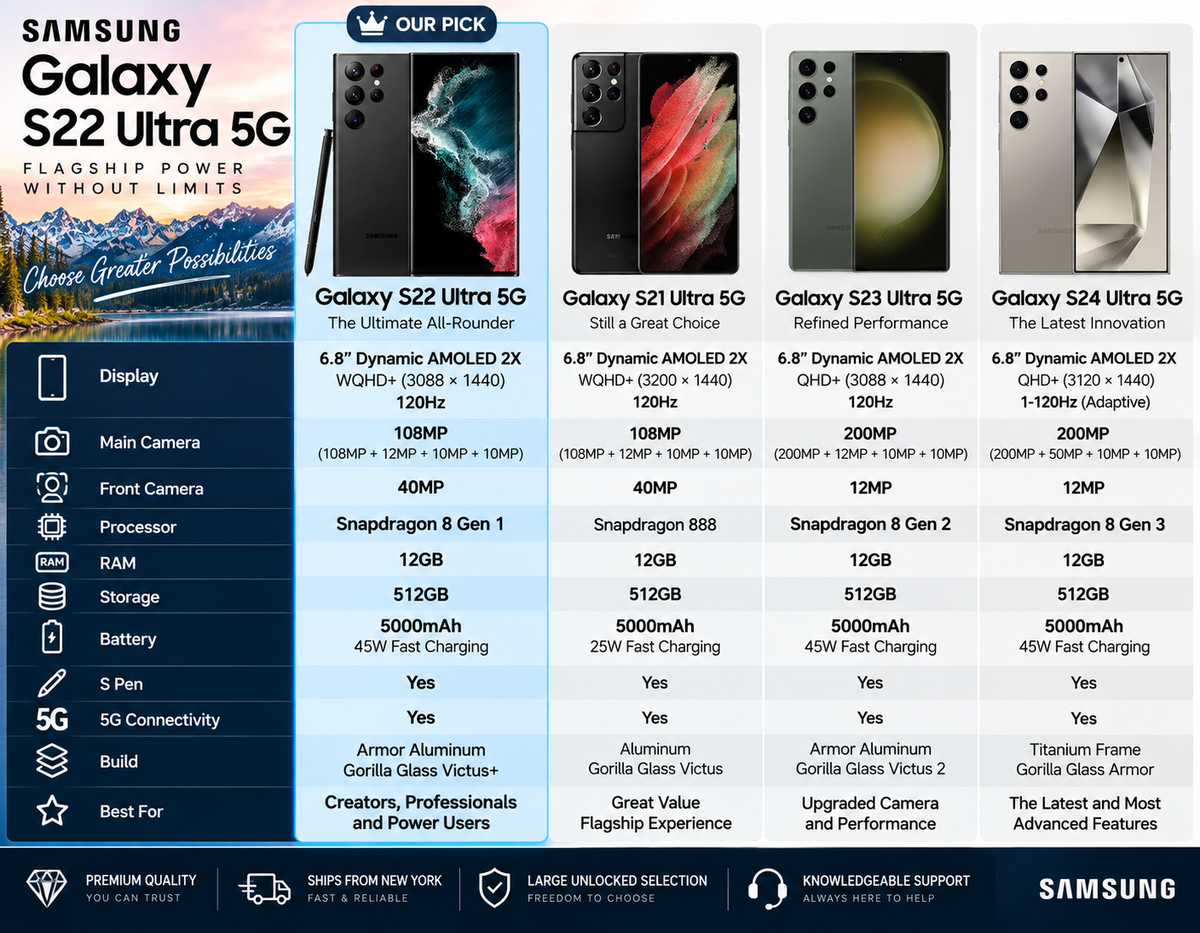 Samsung Galaxy S22 Ultra 5G phone with feature panels and front/back thumbnail views