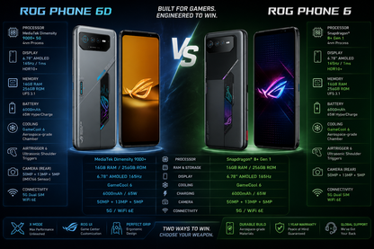 Two ASUS ROG Phone 6D smartphones in space gray, one with orange front display
