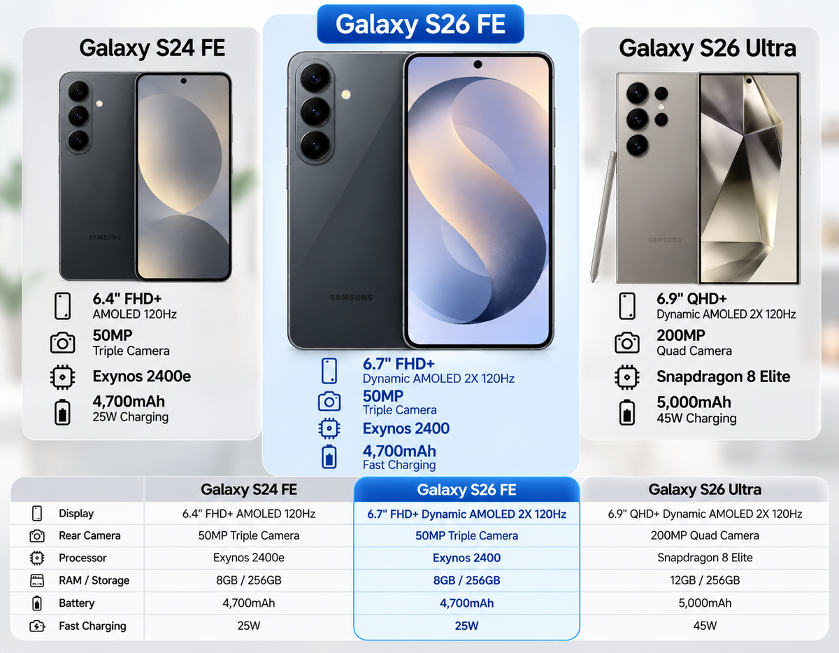 Samsung Galaxy S26 FE 5G smartphone shown in comparison layout with other models