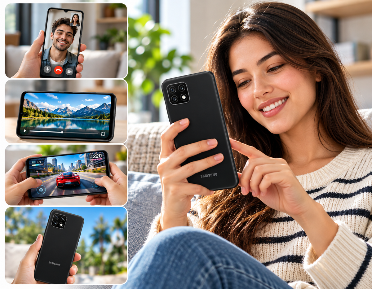 Samsung Galaxy A22 5G Gray smartphone held by a woman, rear camera visible on the back