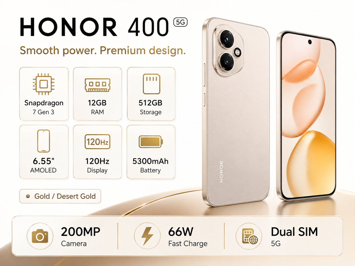 Gold Honor 400 5G smartphone angled view, showing front display and rear camera.