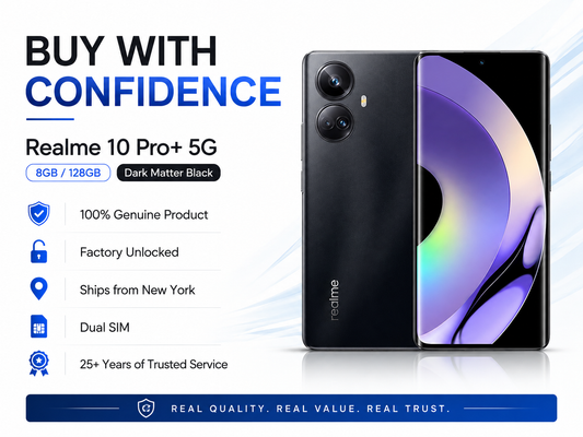 Realme 10 Pro+ 5G Black Realme smartphone angled view with front display and dual rear cameras.