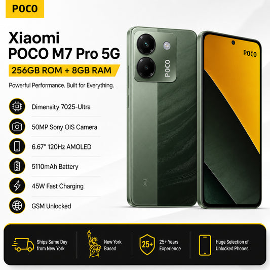 Xiaomi POCO M7 Pro 5G smartphone with green back and orange front display