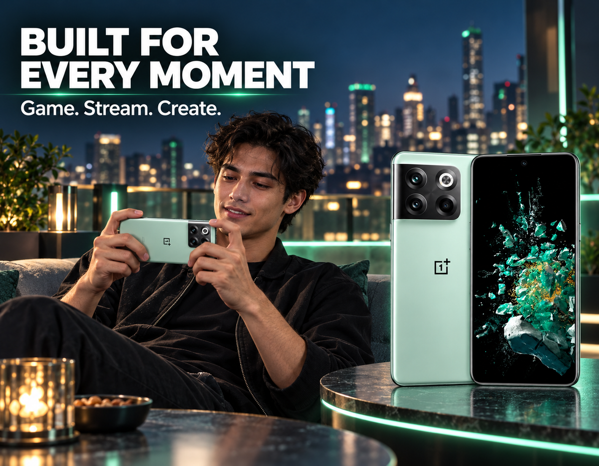 OnePlus Ace Pro 10T Green OnePlus smartphone held in hand, front screen visible with abstract display
