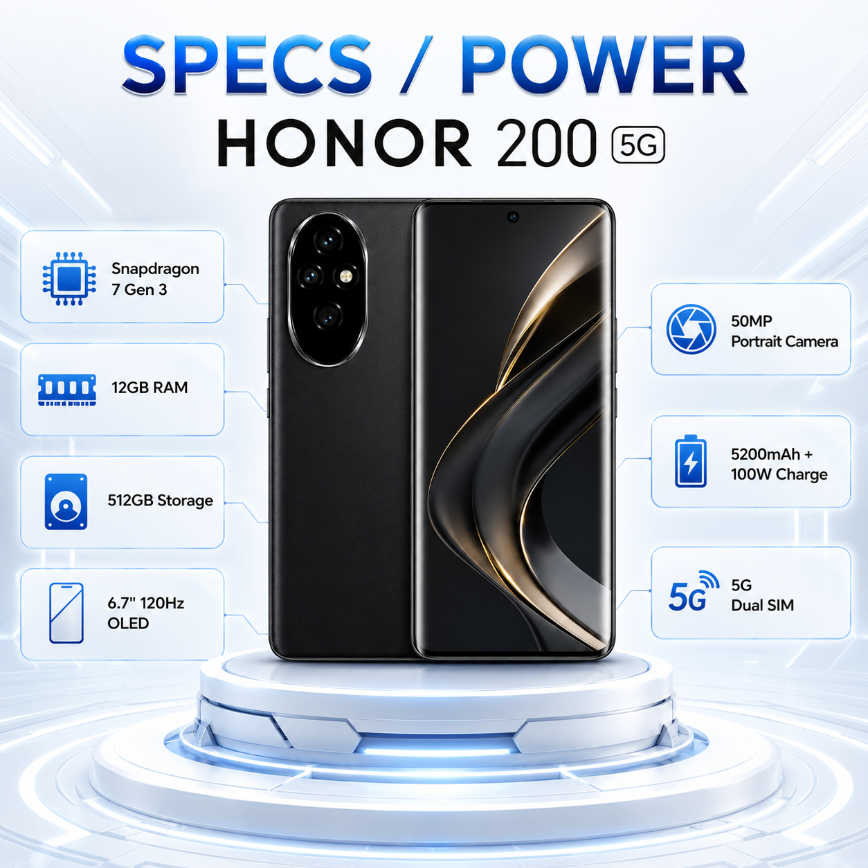 Black Honor smartphone on circular platform, front/back view with triple-lens camera