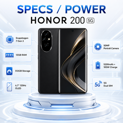 Black Honor smartphone on circular platform, front/back view with triple-lens camera