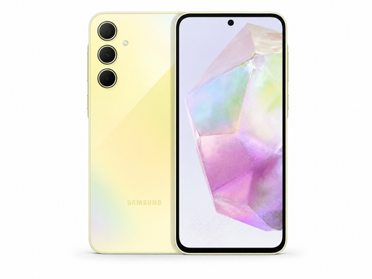 Samsung Galaxy A35 5G dual-SIM phone, lemon yellow back with triple rear cameras