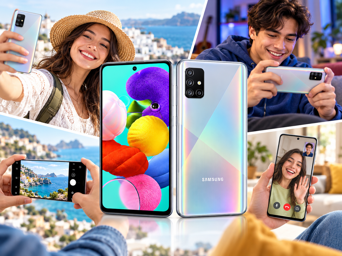 Samsung Galaxy A51 prism silver smartphone held by people, front screen and back visible