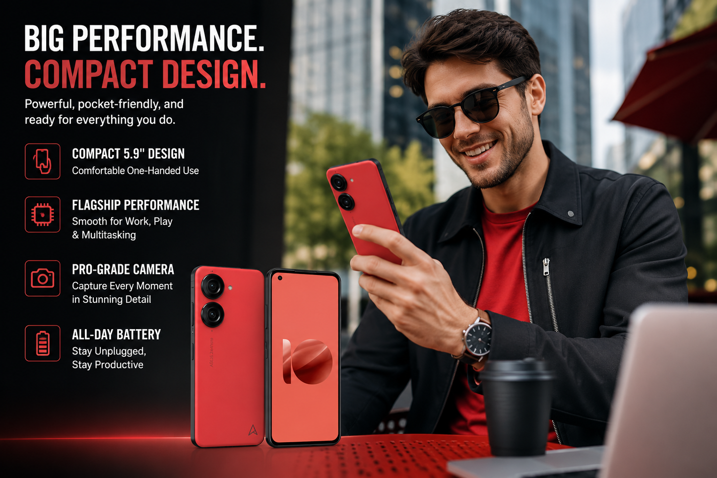 Man holding a red ASUS Zenfone 10 smartphone next to a laptop, front and side visible.