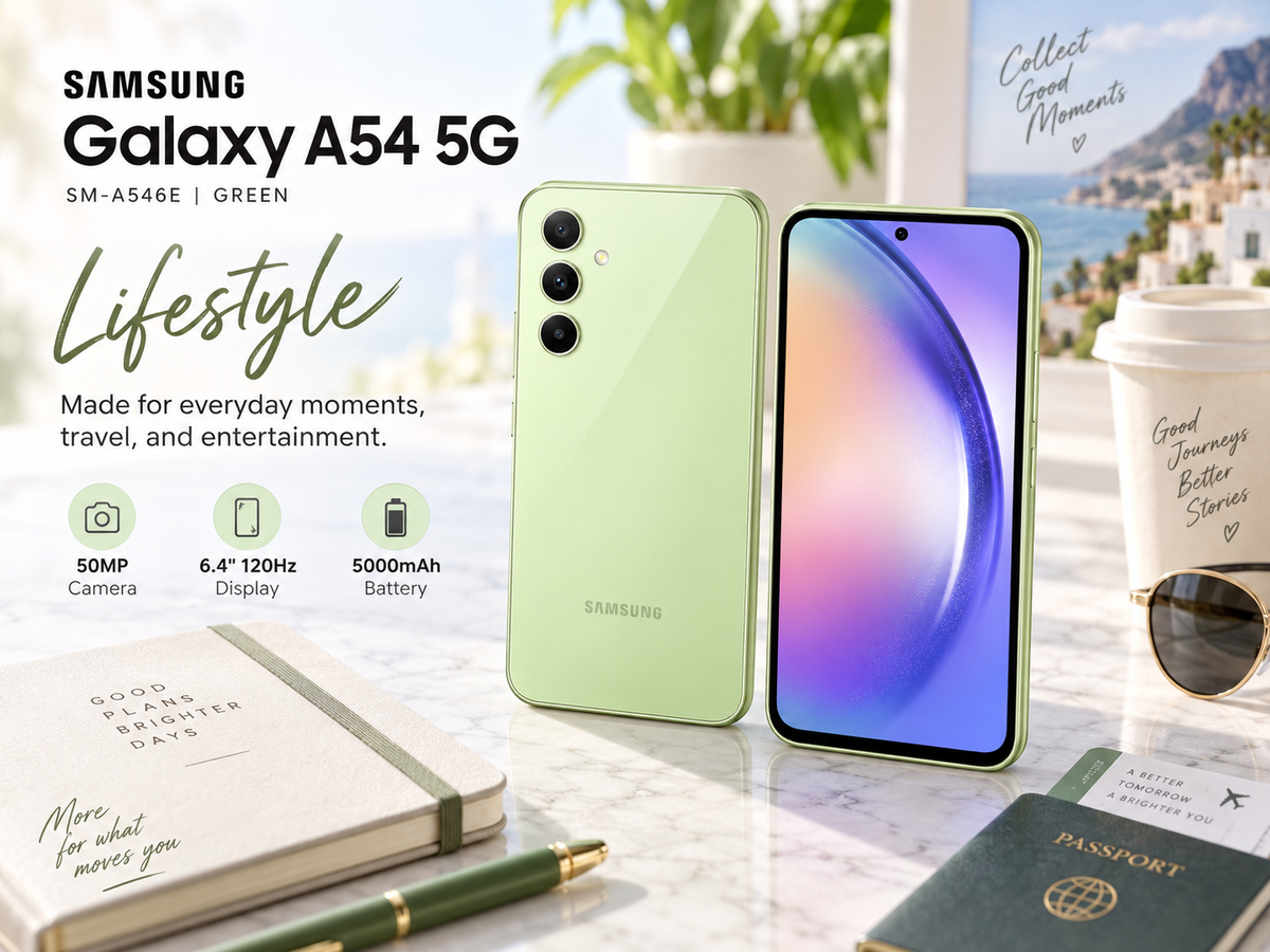 Green Samsung Galaxy A54 5G smartphone showing front screen and back panel with dual cameras.