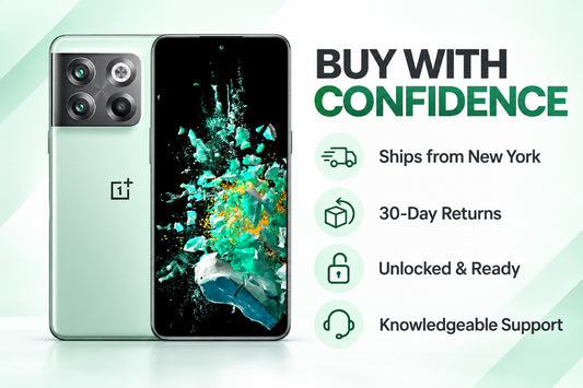 OnePlus Ace Pro 10T Jade Green unlocked smartphone shown front and back with rear camera module