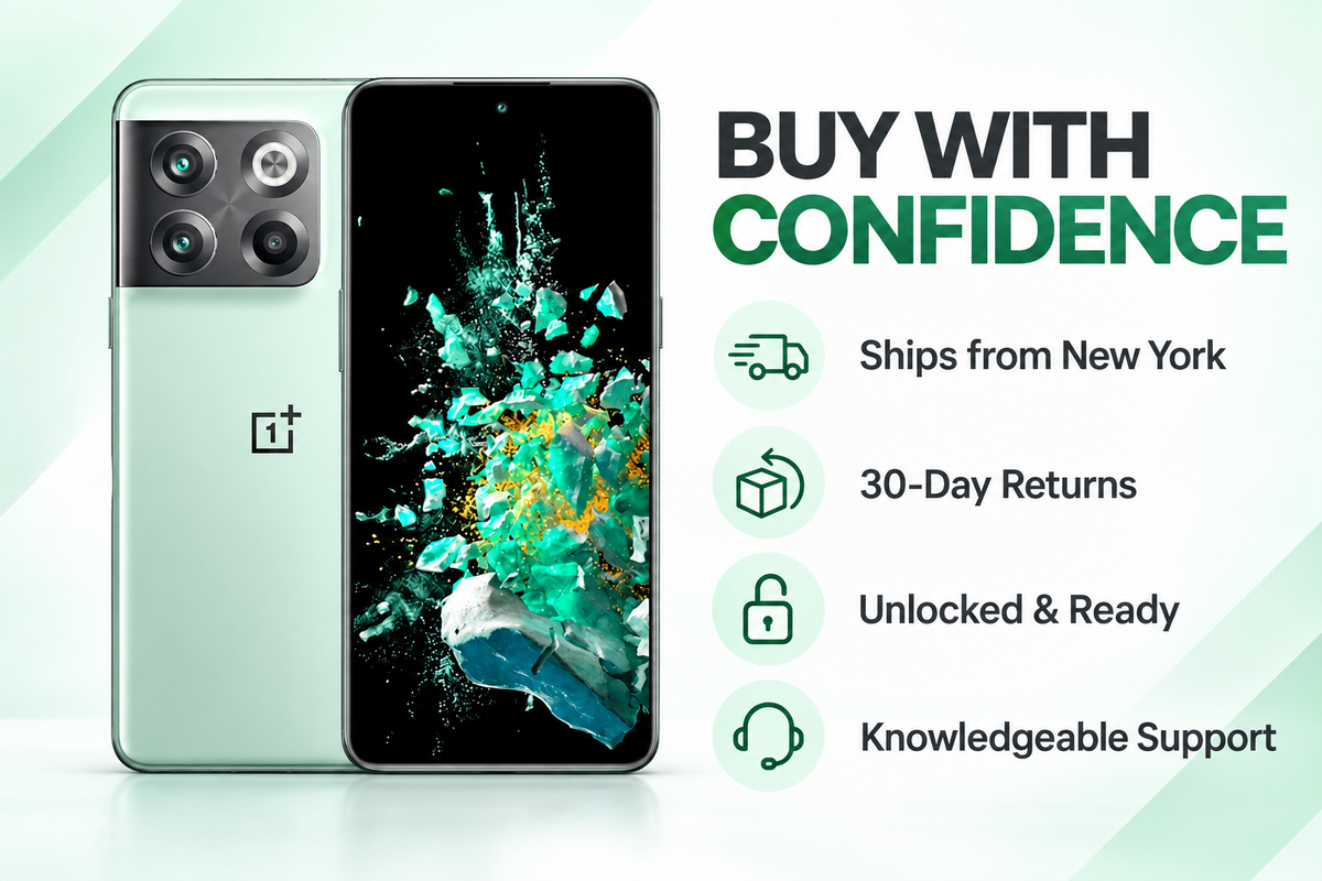 OnePlus Ace Pro 10T Jade Green unlocked smartphone shown front and back with rear camera module
