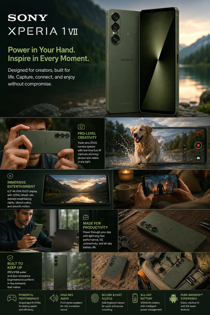 Sony Xperia 1 VII XQ-FS72 5G Green Sony Xperia smartphone front and back showing triple-camera design