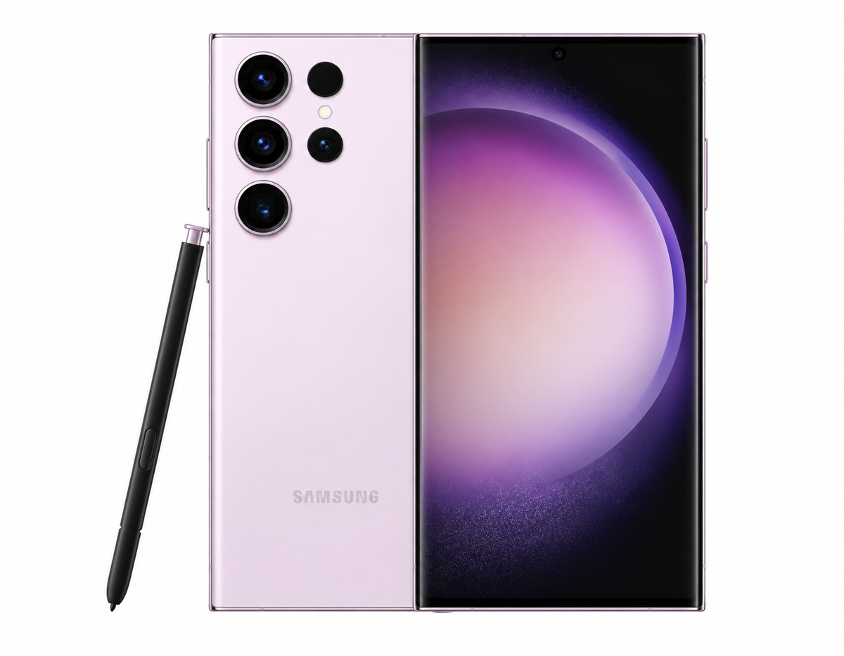 Lavender Samsung Galaxy S23 Ultra smartphone with four rear cameras and S Pen