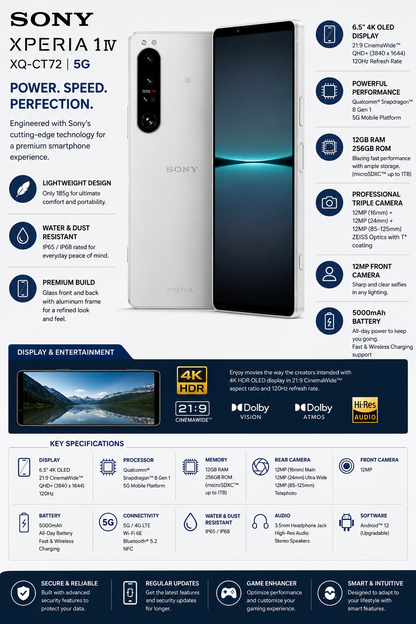 Sony Xperia 1 IV XQ-CT72 5G Dual 256GB 12GB RAM Dual SIM GSM Unlocked – White