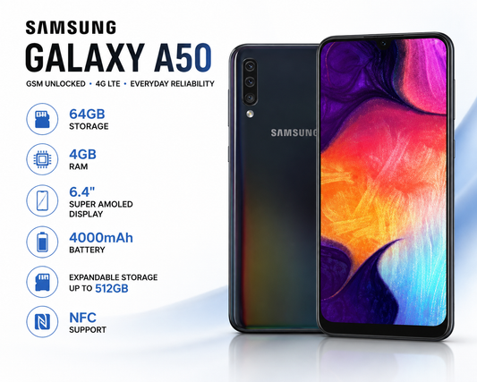 SAMSUNG Galaxy A50 unlocked smartphone, front display and rear camera on black body
