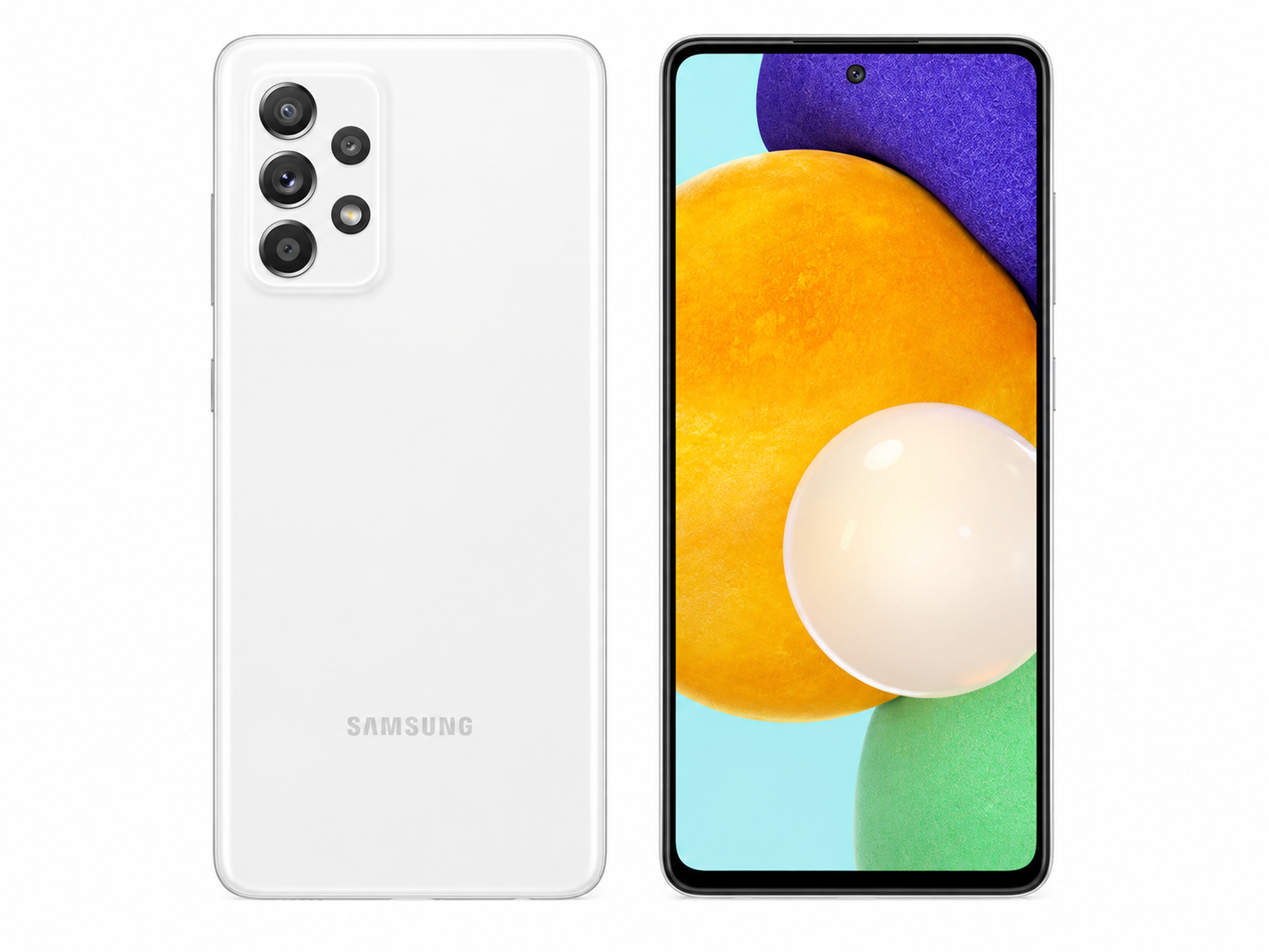 White Samsung Galaxy A52 4G smartphone showing front and back