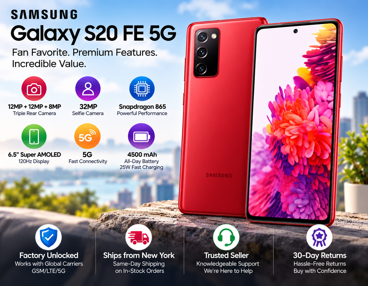 Samsung Galaxy S20 FE 5G red smartphone, front display and back camera shown