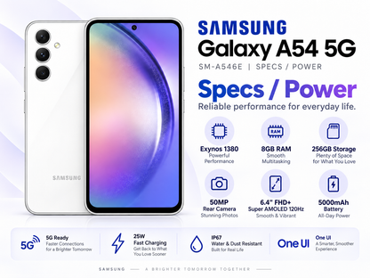 White Samsung Galaxy A54 5G smartphone front and back with colorful display