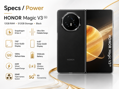 Black foldable smartphone with circular camera array and lit inner display