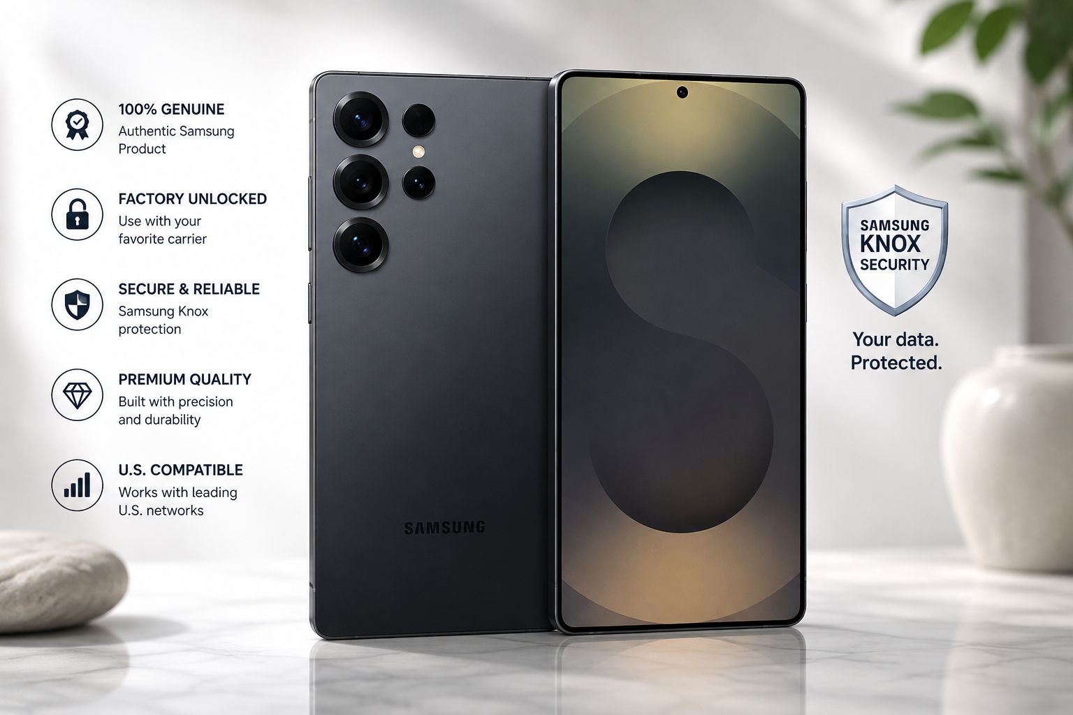 Black Samsung Galaxy S25 Ultra smartphone front and back view with triple rear camera array