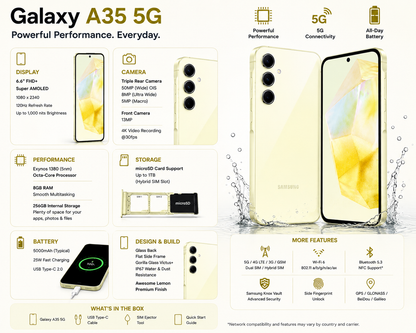 Samsung Galaxy A35 5G smartphone with lemon yellow back and front display