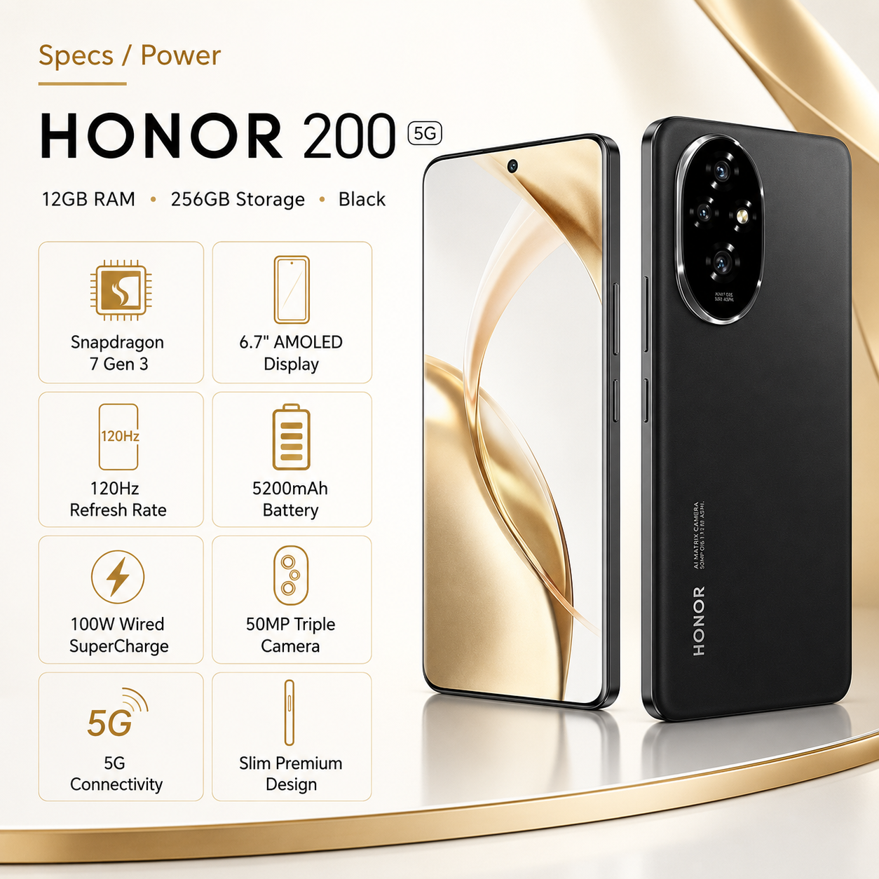 Black Honor 200 5G smartphone with AMOLED front display and triple rear cameras