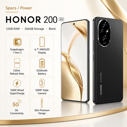 Black Honor 200 5G smartphone with AMOLED front display and triple rear cameras