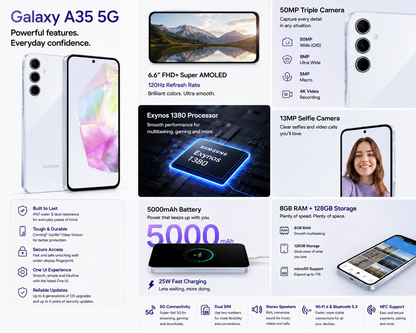 Samsung Galaxy A35 5G smartphone, ice blue back with triple cameras and front display