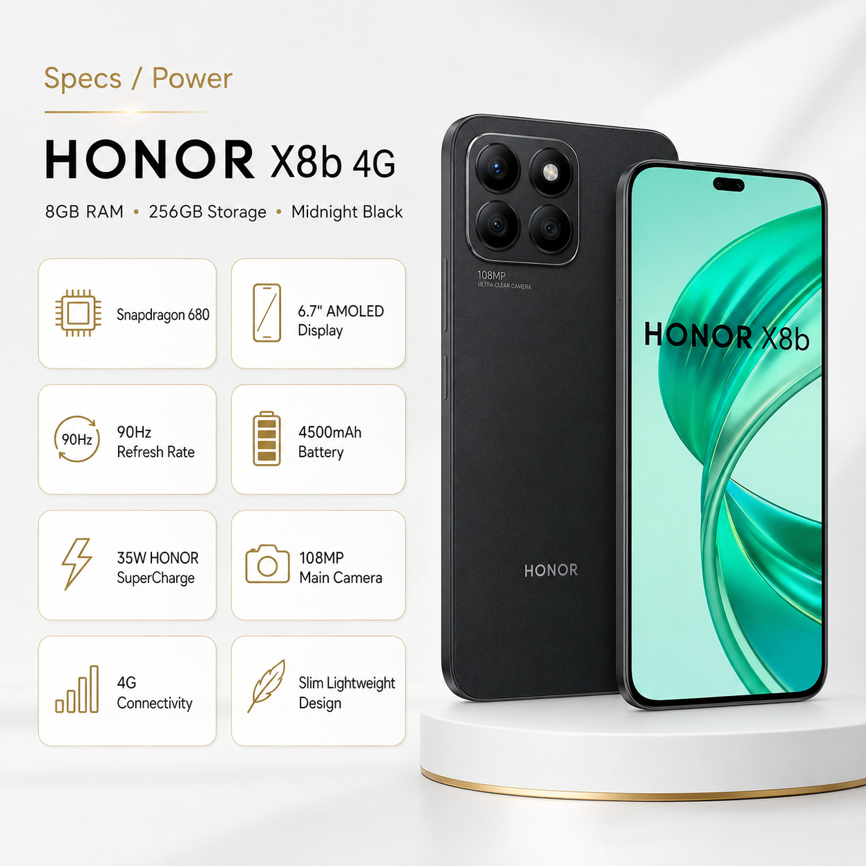 Midnight black HONOR smartphone with teal display and quad rear cameras, shown angled